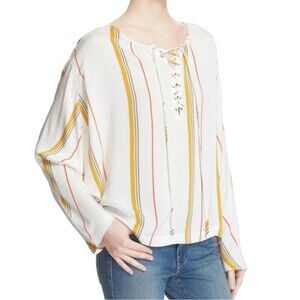 FRAME Le Raglan Lace Up Top in Saffron Summer Stripe Size L